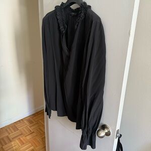 Black Silk Ruffled Neck Blouse